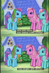 Size: 640x960 | Tagged: safe, derpibooru import, minty, pinkie pie, rainbow dash, rainbow dash (g3), earth pony, pony, g3, the runaway rainbow, out of context, subtitles