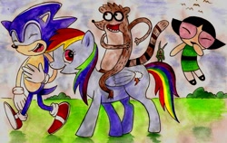 Size: 890x564 | Tagged: safe, artist:katiematie, derpibooru import, rainbow dash, buttercup (powerpuff girls), crossover, regular show, ride, rider, riding, rigby, sheldon j. plankton, sonic the hedgehog, sonic the hedgehog (series), spongebob squarepants, the powerpuff girls, traditional art