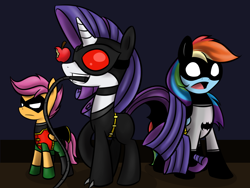 Size: 1280x960 | Tagged: safe, artist:scootawhat, rainbow dash, rarity, scootaloo, pegasus, pony, unicorn, apple, batman, batman and robin, batmare, catwoman, crossover, dc comics, parody, robin, whip