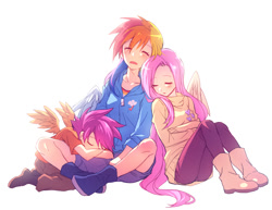 Size: 1000x772 | Tagged: safe, artist:megarexetera, fluttershy, rainbow dash, scootaloo, human, backlighting, clothes, eyes closed, humanized, light skin, sitting, sleeping, sweater, sweatershy, winged humanization