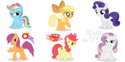 Size: 1000x500 | Tagged: safe, artist:azeixal, derpibooru import, apple bloom, applejack, rainbow dash, rarity, scootaloo, sweetie belle, earth pony, pegasus, pony, unicorn, age swap, cutie mark crusaders, palette swap, role reversal, wrong mane