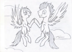 Size: 1024x744 | Tagged: safe, artist:rainbow-deathblow, rainbow dash, soarin', pegasus, pony, backwards cutie mark, female, male, monochrome, shipping, sketch, soarindash, straight, traditional art