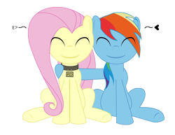 Size: 3300x2550 | Tagged: safe, artist:enevalence, fluttershy, rainbow dash, pegasus, pony, collar, female, flutterdash, flutterpet, heart, lesbian, pet play, shipping