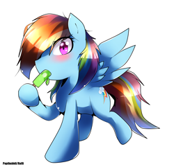 Size: 2008x1933 | Tagged: safe, artist:papibabidi, derpibooru import, rainbow dash, pegasus, pony, backwards cutie mark, blushing, food, newbie artist training grounds, popsicle, solo