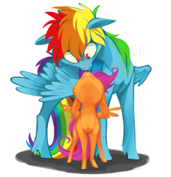 Size: 579x599 | Tagged: safe, artist:xenon, rainbow dash, scootaloo, pegasus, pony, cross-eyed, cute, cutealoo, duo, female, filly, floppy ears, fluffy, grin, looking at each other, looking down, looking up, mare, scootalove, smiling, standing, unshorn fetlocks, wide eyes