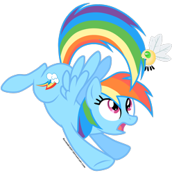 Size: 1668x1680 | Tagged: safe, artist:ravenevert, derpibooru import, rainbow dash, parasprite, pegasus, pony, solo, tail bite