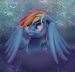 Size: 1024x976 | Tagged: safe, artist:insanerobocat, derpibooru import, rainbow dash, pegasus, pony, bust, floppy ears, grin, portrait, smiling, solo, spread wings