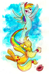 Size: 673x1000 | Tagged: safe, artist:kounyoukai, derpibooru import, applejack, rainbow dash, earth pony, pegasus, pony, applejack's hat, flying, hat, painting, scared, suspended, tail bite, tail pull, traditional art, watercolor painting