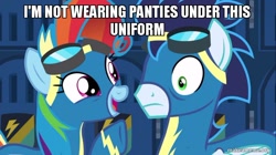 Size: 800x449 | Tagged: safe, derpibooru import, edit, edited screencap, screencap, rainbow dash, soarin', pegasus, pony, newbie dash, clothes, image macro, meme, rainbow fash, we don't normally wear clothes, wonderbolts uniform