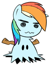 Size: 1270x1527 | Tagged: safe, derpibooru import, rainbow dash, barely pony related, mimikyu, pokémon, ragdoll, simple background, solo, sticks, white background