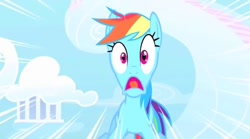 Size: 848x471 | Tagged: safe, screencap, rainbow dash, pegasus, pony, sonic rainboom (episode), cloud, cloudsdale, d:, faic, female, mare, open mouth, panic, scared, screaming, shame, shocked, solo, surprised, tongue out, wide eyes, yelling