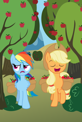 Size: 1800x2700 | Tagged: safe, artist:kittyhawk-contrail, derpibooru import, applejack, rainbow dash, earth pony, pegasus, pony, sweet apple acres, vector