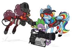 Size: 1972x1383 | Tagged: safe, artist:xenon, derpibooru import, pinkie pie, rainbow dash, spike, dragon, earth pony, pegasus, pony, crossover, gun, heavy weapons guy, pinkie pyro, pyro, rainbow scout, scout, team fortress 2, weapon