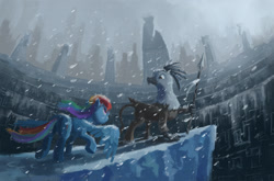 Size: 1746x1149 | Tagged: safe, artist:plainoasis, derpibooru import, rainbow dash, griffon, pegasus, pony, backwards cutie mark, snow, snowfall, spear, weapon