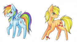 Size: 2421x1381 | Tagged: safe, artist:schizoidtomii, derpibooru import, applejack, rainbow dash, earth pony, pegasus, pony, traditional art