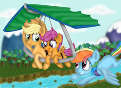 Size: 1024x744 | Tagged: safe, artist:inurantchan, derpibooru import, applejack, rainbow dash, scootaloo, earth pony, pegasus, pony, hang glider, hang gliding, scootalove