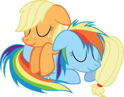 Size: 3849x3000 | Tagged: safe, artist:pasuri98, derpibooru import, applejack, rainbow dash, earth pony, pegasus, pony, appledash, cuddling, female, filly, hug, lesbian, shipping, simple background, sleeping, transparent background, vector