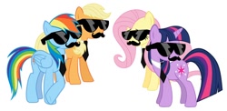 Size: 936x458 | Tagged: safe, derpibooru import, applejack, fluttershy, rainbow dash, twilight sparkle, earth pony, pegasus, pony, mousdash, moustache, sunglasses