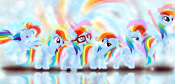 Size: 1854x900 | Tagged: safe, artist:ruinedomega, artist:sailortrekkie92, derpibooru import, rainbow dash, pegasus, pony, newbie dash, alternate hairstyle, care mare, dashstorm, dynamic dash, female, forthright filly, glasses, impersonating, manebow sparkle, mare, multeity, rainbow fash, reading rainboom, reflection, shadow, split personality, swirl, vector, wallpaper