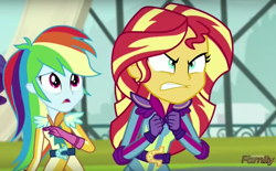 Size: 1034x642 | Tagged: safe, derpibooru import, screencap, rainbow dash, sunset shimmer, equestria girls, friendship games, discovery family logo, shrunken pupils