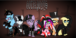 Size: 1048x524 | Tagged: safe, artist:thisisdashie, derpibooru import, applejack, fluttershy, pinkie pie, rainbow dash, rarity, twilight sparkle, earth pony, pegasus, pony, unicorn, blackletter, boots, glasses, goth, gothic, mane six