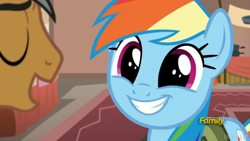 Size: 1920x1080 | Tagged: safe, derpibooru import, screencap, quibble pants, rainbow dash, pegasus, pony, stranger than fan fiction, cute, dashabetes, discovery family logo, eyes closed, female, male, mare, open mouth, smiling, stallion