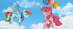 Size: 1280x512 | Tagged: safe, artist:zokkili, derpibooru import, pinkie pie, rainbow dash, earth pony, pegasus, pony, balloon, cloud, cloudy, flying, then watch her balloons lift her up to the sky, unamused