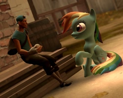 Size: 1280x1024 | Tagged: safe, artist:gergta, rainbow dash, pegasus, pony, 3d, baseball, crossover, gmod, koth harvest, scout, sitting, team fortress 2