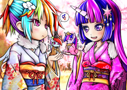 Size: 2546x1800 | Tagged: safe, artist:skyshek, rainbow dash, twilight sparkle, human, blushing, female, horned humanization, human ponidox, humanized, kimono (clothing), lesbian, shipping, twidash, winged humanization