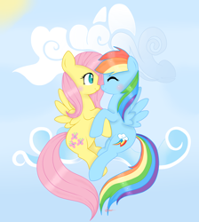 Size: 2000x2232 | Tagged: safe, artist:ashourii, fluttershy, rainbow dash, pegasus, pony, blushing, cuddling, cute, dashabetes, eyes closed, female, flutterdash, flying, hug, lesbian, shipping, shyabetes, smiling, snuggling, spread wings