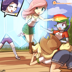 Size: 750x750 | Tagged: safe, artist:lumineko, derpibooru import, applejack, fluttershy, rainbow dash, rarity, equestria girls, legend of everfree, applejack's hat, ass, blushing, clothes, cloud, cowboy hat, eyes closed, female, hat, open mouth, patreon, patreon logo, power out of control, scene interpretation, shield, shoes, shorts, skirt, sky, socks, tanktop, that was fast