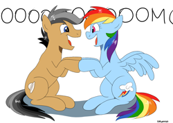 Size: 1400x1000 | Tagged: safe, artist:zoruanna, derpibooru import, quibble pants, rainbow dash, earth pony, pegasus, pony, stranger than fan fiction, fangirling, female, holding hooves, male, quibbledash, shipping, simple background, sitting, smiling, straight, white background