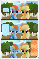 Size: 3254x4837 | Tagged: safe, artist:gutovi, derpibooru import, applejack, rainbow dash, earth pony, pegasus, pony, comic:why me!?, absurd resolution, appledash, comic, female, lesbian, mare, oblivious, shipping