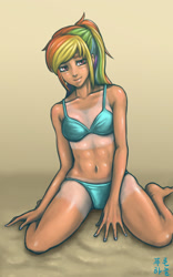 Size: 1787x2861 | Tagged: safe, artist:mrs1989, rainbow dash, human, abs, belly button, bikini, breasts, clothes, delicious flat chest, female, humanized, rainbow flat, solo, swimsuit, tan, tan lines