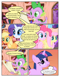 Size: 612x792 | Tagged: safe, artist:newbiespud, derpibooru import, edit, edited screencap, screencap, applejack, fluttershy, pinkie pie, rainbow dash, rarity, spike, twilight sparkle, unicorn twilight, dragon, earth pony, pegasus, pony, unicorn, comic:friendship is dragons, friendship is magic, comic, female, male, mane seven, mane six, mare, screencap comic, scroll