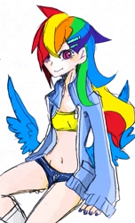 Size: 487x800 | Tagged: safe, artist:umiushi, rainbow dash, human, belly button, butt wings, clothes, humanized, nail polish, pixiv, shorts, solo, sports bra, winged humanization