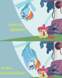 Size: 530x660 | Tagged: safe, artist:datte-before-dawn, screencap, apple bloom, rainbow dash, pegasus, pony, call of the cutie, are you frustrated?, meme, necc, rainbow douche, vulgar