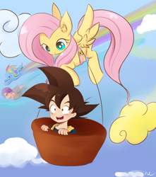 Size: 1500x1700 | Tagged: safe, artist:kubota, fluttershy, rainbow dash, pegasus, pony, crossover, dragon ball z, goten, pixiv, trunks