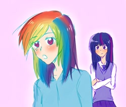 Size: 1000x852 | Tagged: safe, artist:cheryl-jum, derpibooru import, rainbow dash, twilight sparkle, human, humanized