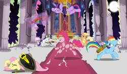 Size: 1280x742 | Tagged: safe, artist:barbra, derpibooru import, applejack, fluttershy, pinkie pie, rainbow dash, rarity, twilight sparkle, twilight sparkle (alicorn), alicorn, earth pony, pegasus, pony, unicorn, 1000 years in photoshop, disintegration, mane six, modular, nerf, pinkie pieces, war