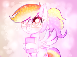 Size: 1411x1043 | Tagged: safe, artist:toroitimu, rainbow dash, pegasus, pony, abstract background, adorkable, bipedal, book, cute, dashabetes, dork, ear fluff, egghead, female, glasses, hoof hold, looking at you, mare, nerd, nerd pony, rainbow dork, smiling, solo, spread wings
