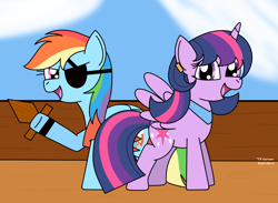 Size: 1400x1024 | Tagged: safe, artist:toonboy92484, rainbow dash, twilight sparkle, twilight sparkle (alicorn), alicorn, pegasus, pony, alternate hairstyle, bookworm, female, lesbian, mare, pirate dash, shipping, twidash, wooden sword