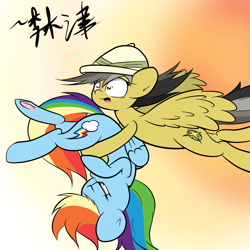 Size: 1300x1300 | Tagged: safe, artist:lightningnickel, daring do, rainbow dash, pegasus, pony, carrying, flying, upside down