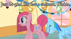 Size: 960x535 | Tagged: safe, derpibooru import, edit, edited screencap, screencap, pinkie pie, rainbow dash, surprise, earth pony, pegasus, pony, party of one, caption, confetti, eyes closed, gritted teeth, image macro, open mouth, party, pinkamena diane pie, pushing, rump push, surprised, wide eyes