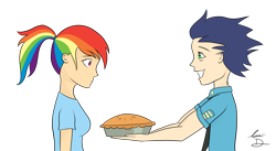 Size: 3638x2000 | Tagged: safe, artist:foreverincompetent, derpibooru import, rainbow dash, soarin', human, female, food, humanized, male, pie, shipping, soarindash, straight, wonderbolts dress uniform