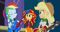 Size: 1050x563 | Tagged: safe, derpibooru import, edit, edited screencap, screencap, applejack, rainbow dash, sunset shimmer, equestria girls, rainbow rocks, middle finger, vulgar