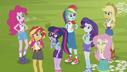 Size: 1280x720 | Tagged: safe, derpibooru import, screencap, applejack, fluttershy, pinkie pie, rainbow dash, rarity, sci-twi, sunset shimmer, twilight sparkle, equestria girls, legend of everfree, clothes, converse, cute, humane seven, ponytail, shoes, sneakers