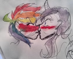 Size: 988x808 | Tagged: safe, artist:heeeeresizzy, rainbow dash, rarity, human, blushing, female, humanized, kissing, lesbian, raridash, shipping