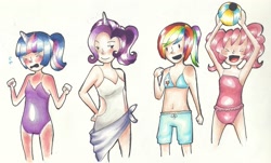 Size: 2813x1695 | Tagged: safe, artist:nina-chan5202, derpibooru import, pinkie pie, rainbow dash, rarity, twilight sparkle, human, armpits, clothes, horned humanization, humanized, swimsuit