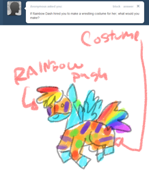 Size: 680x780 | Tagged: safe, artist:moonblizzard, rainbow dash, pegasus, pony, ask, clothes, costume, rarity answers, solo, tumblr